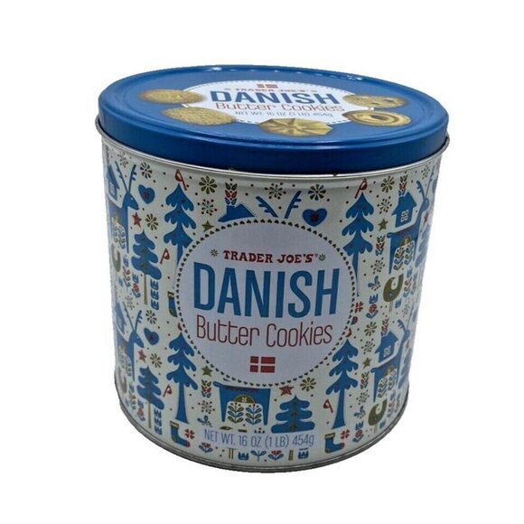 Trader Joe's Cookie Tin Empty Danish Butter Cookies Blue White Danish Christmas - Picture 1 of 15